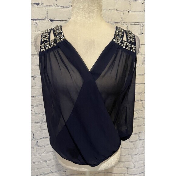 Charming Charlie navy blue sheer sleeveless blouse with embellished shoulders S - Picture 1 of 8